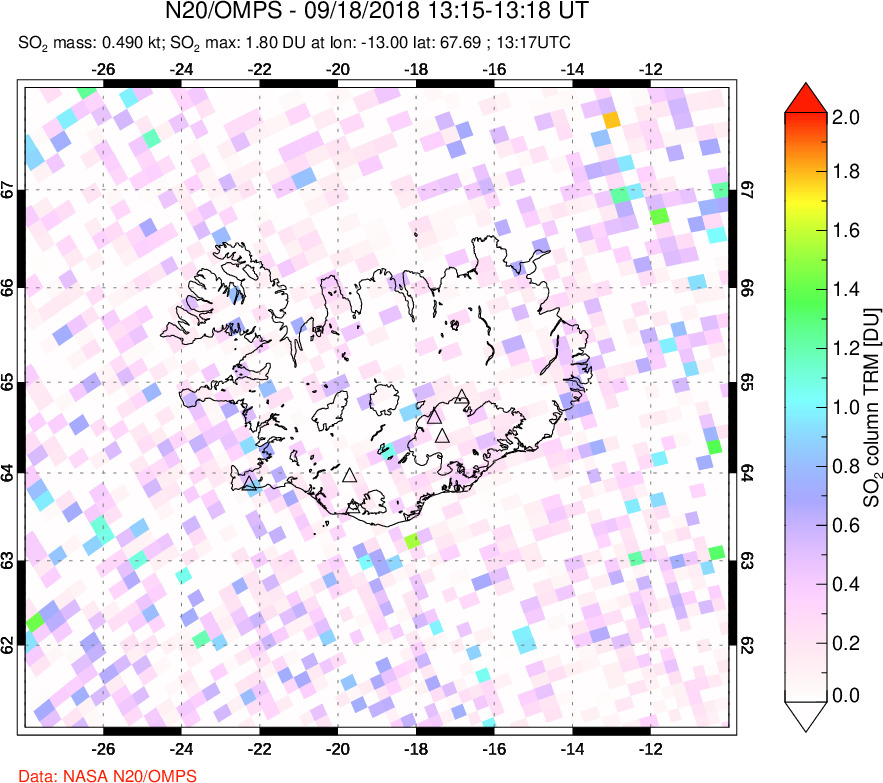A sulfur dioxide image over Iceland on Sep 18, 2018.