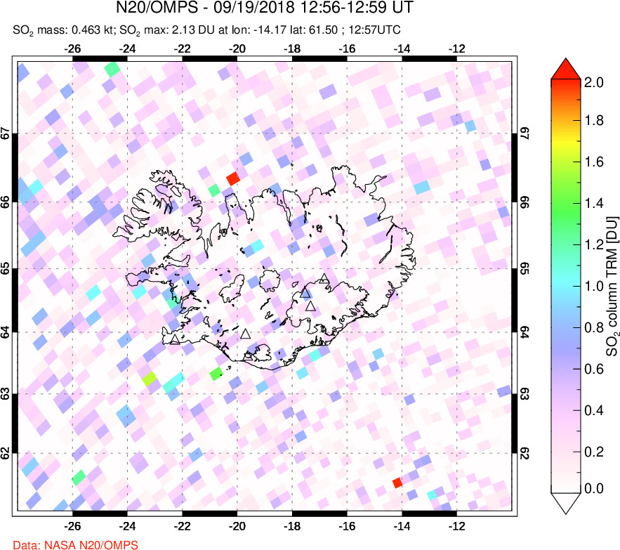 A sulfur dioxide image over Iceland on Sep 19, 2018.