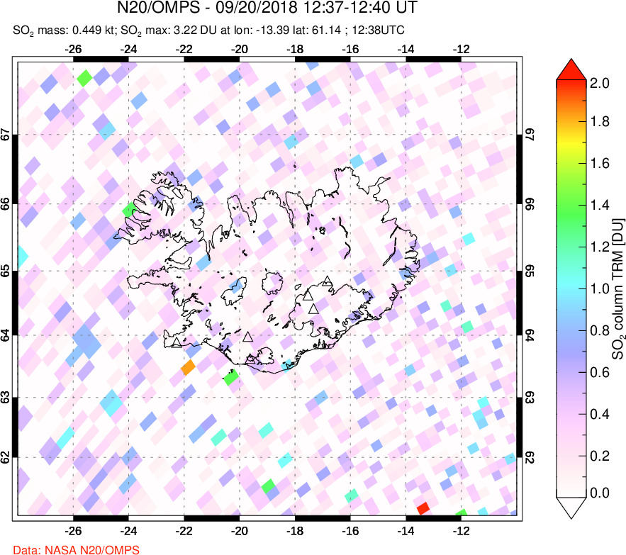 A sulfur dioxide image over Iceland on Sep 20, 2018.