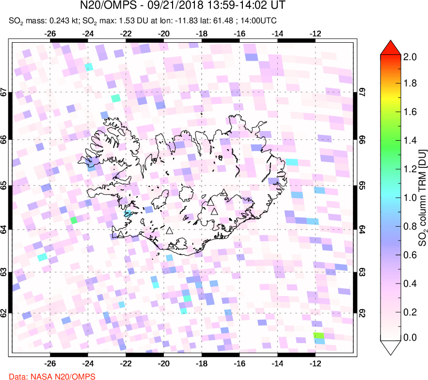 A sulfur dioxide image over Iceland on Sep 21, 2018.