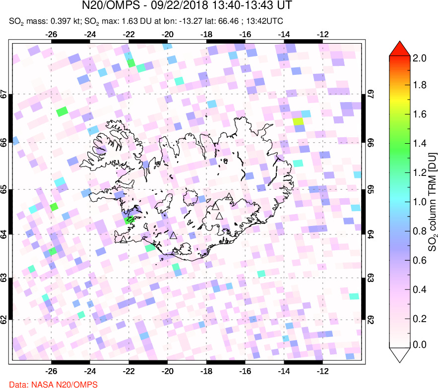 A sulfur dioxide image over Iceland on Sep 22, 2018.