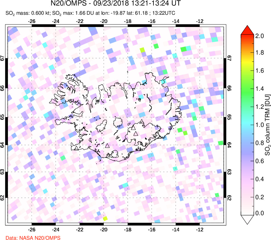 A sulfur dioxide image over Iceland on Sep 23, 2018.