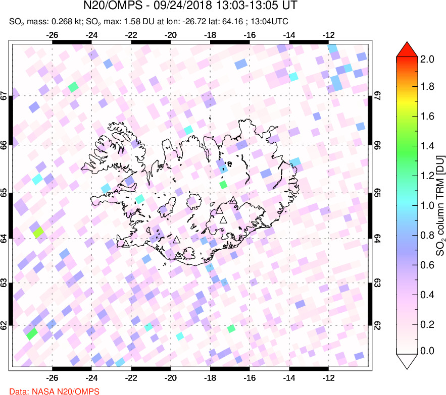 A sulfur dioxide image over Iceland on Sep 24, 2018.