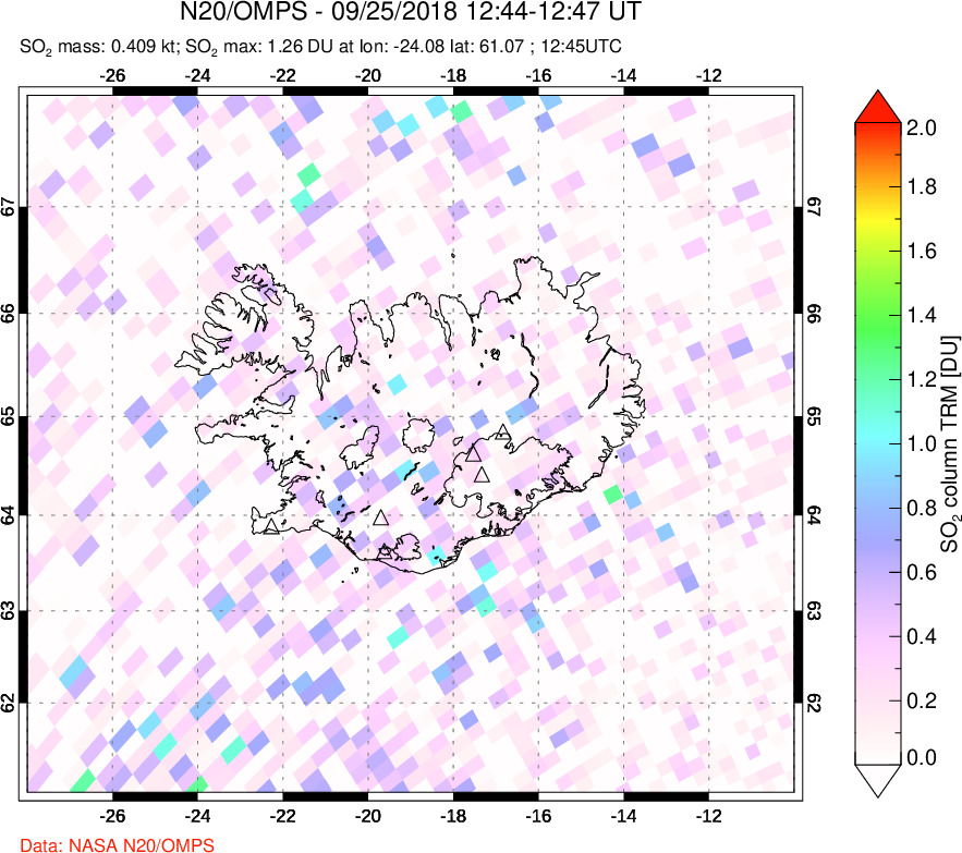 A sulfur dioxide image over Iceland on Sep 25, 2018.