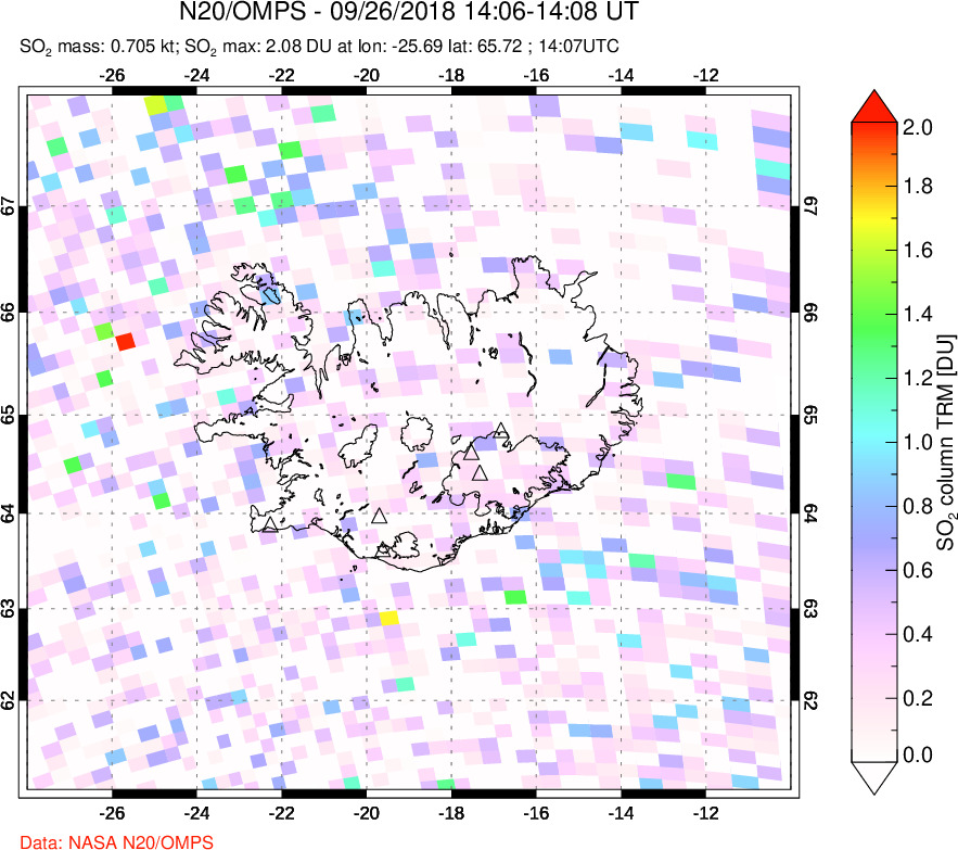 A sulfur dioxide image over Iceland on Sep 26, 2018.