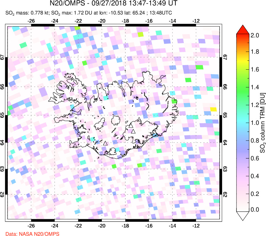 A sulfur dioxide image over Iceland on Sep 27, 2018.