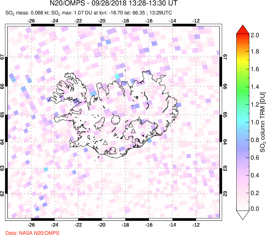 A sulfur dioxide image over Iceland on Sep 28, 2018.