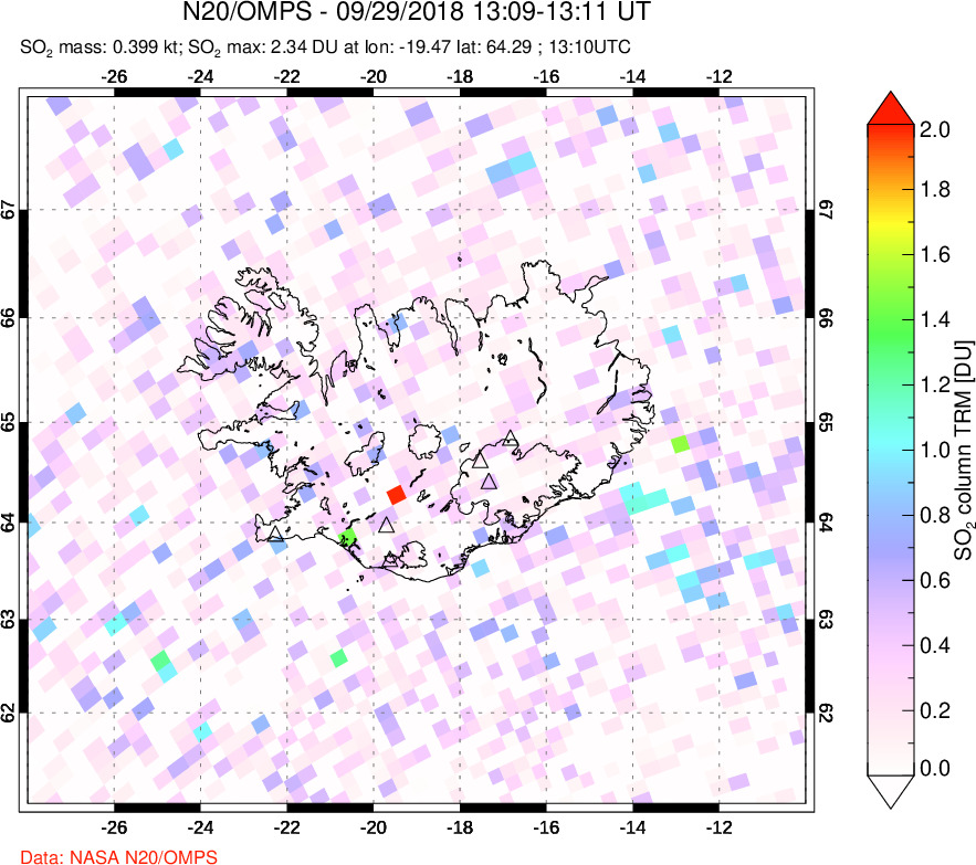 A sulfur dioxide image over Iceland on Sep 29, 2018.