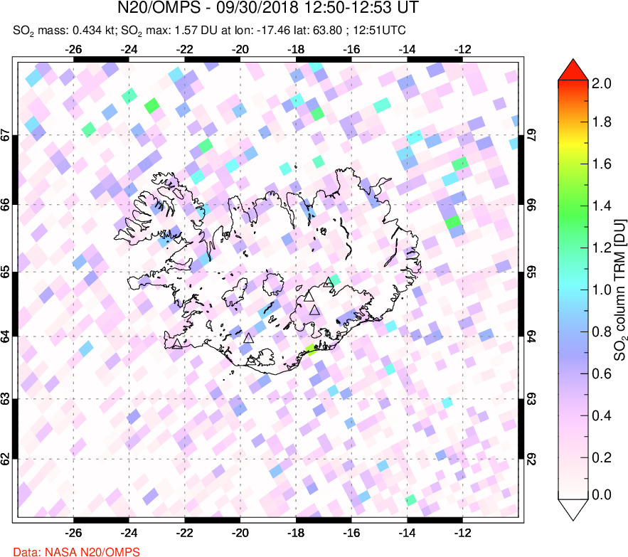 A sulfur dioxide image over Iceland on Sep 30, 2018.