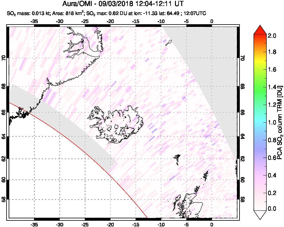 A sulfur dioxide image over Iceland on Sep 03, 2018.