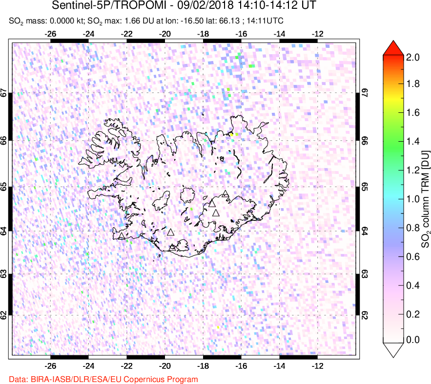 A sulfur dioxide image over Iceland on Sep 02, 2018.