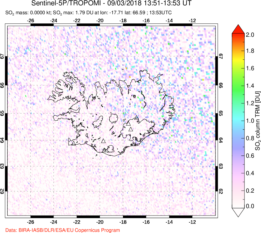 A sulfur dioxide image over Iceland on Sep 03, 2018.