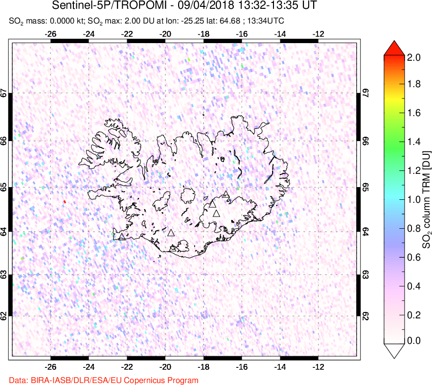 A sulfur dioxide image over Iceland on Sep 04, 2018.