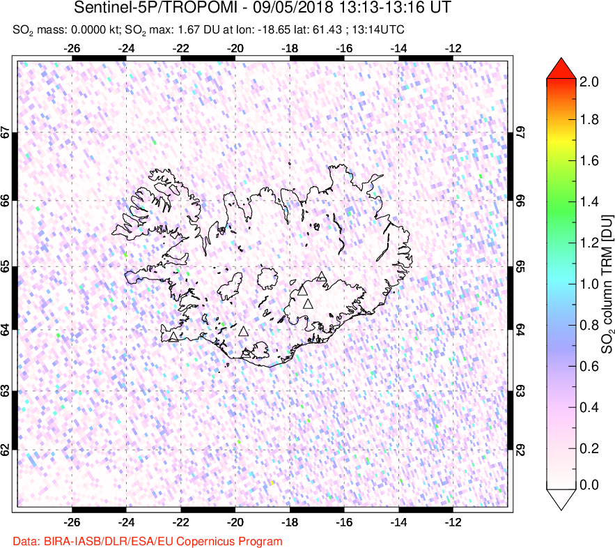 A sulfur dioxide image over Iceland on Sep 05, 2018.