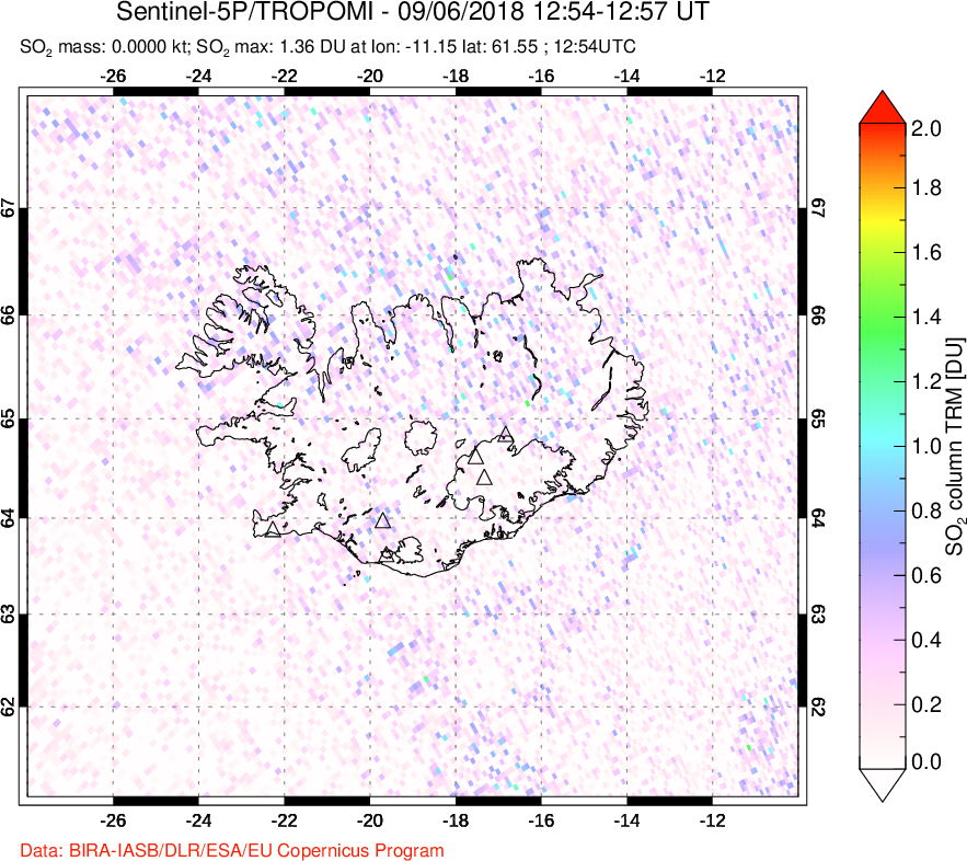 A sulfur dioxide image over Iceland on Sep 06, 2018.