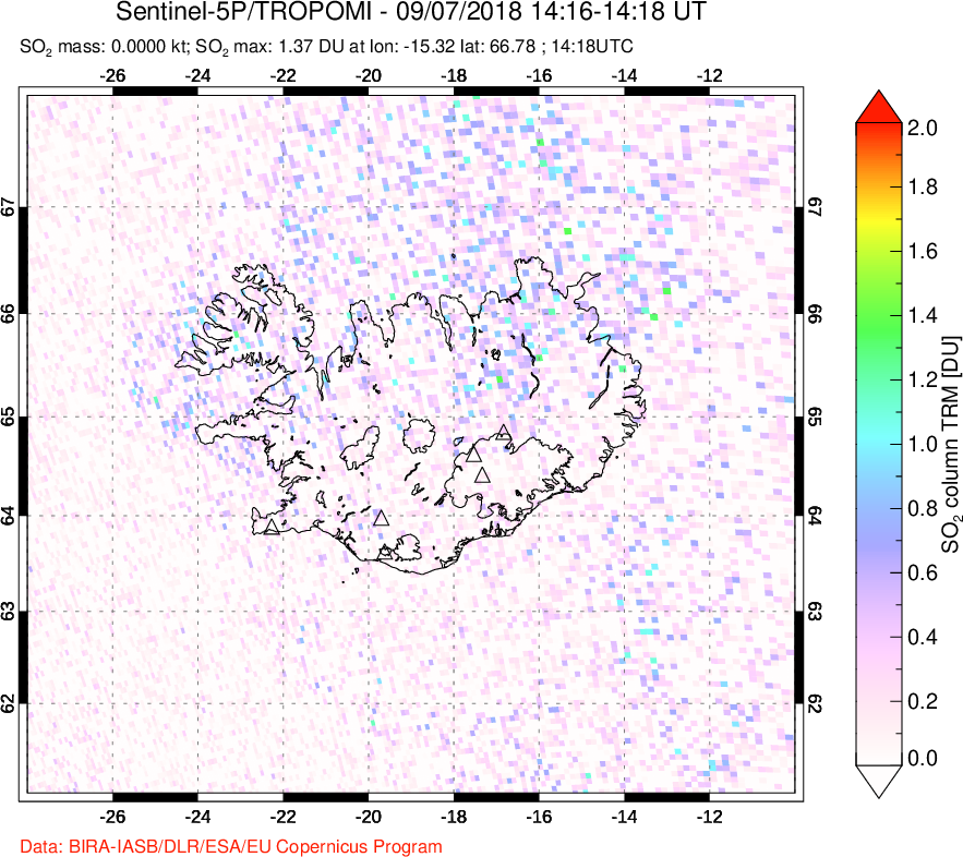 A sulfur dioxide image over Iceland on Sep 07, 2018.
