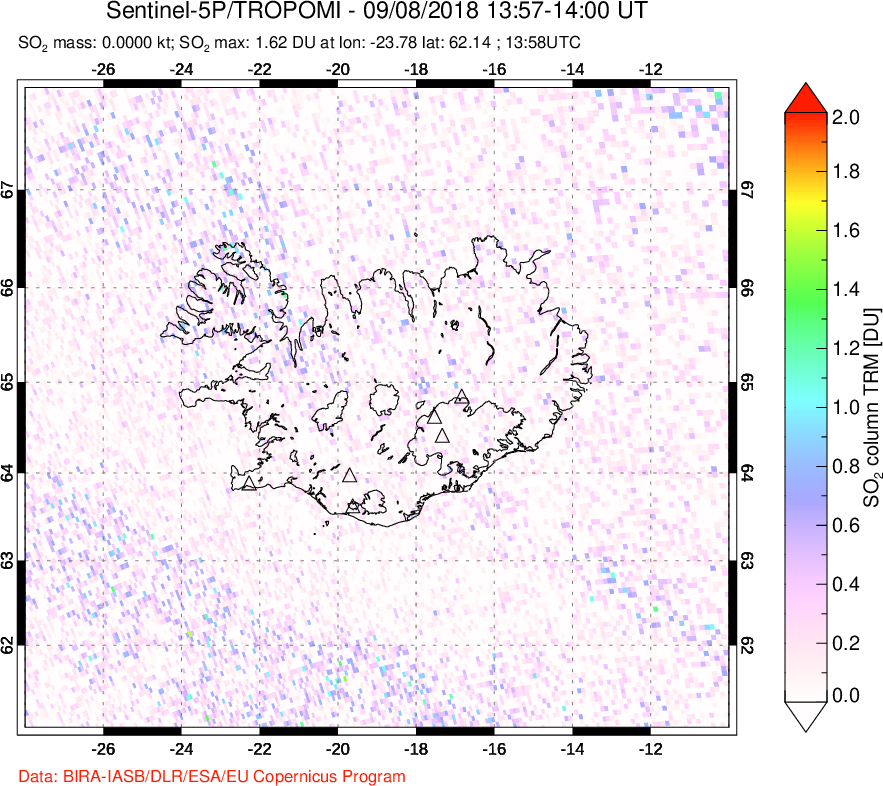 A sulfur dioxide image over Iceland on Sep 08, 2018.