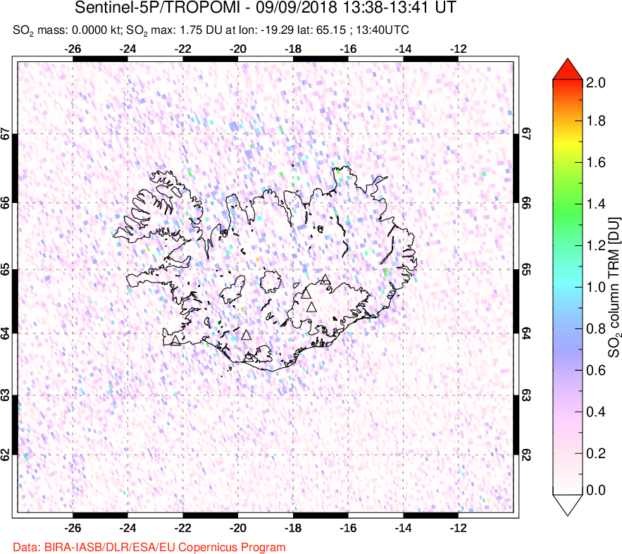 A sulfur dioxide image over Iceland on Sep 09, 2018.