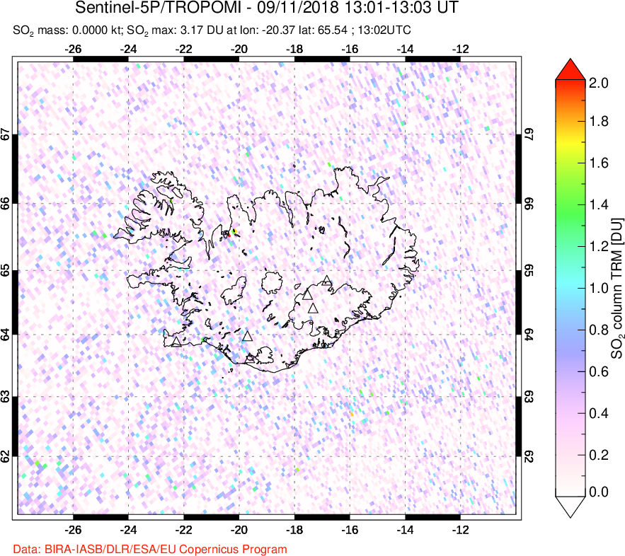 A sulfur dioxide image over Iceland on Sep 11, 2018.