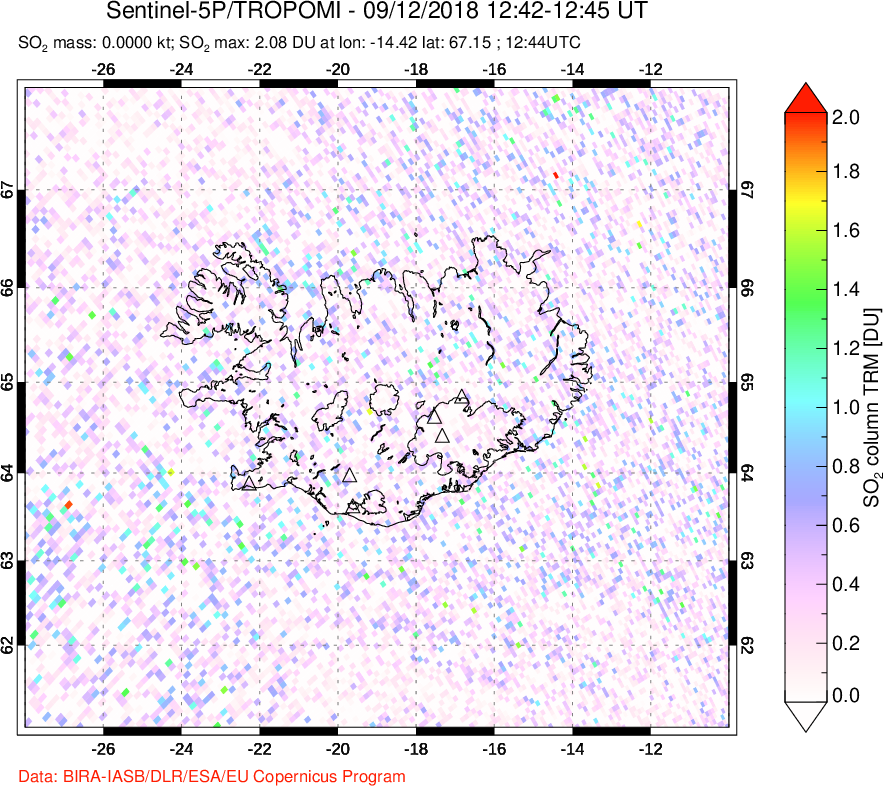 A sulfur dioxide image over Iceland on Sep 12, 2018.