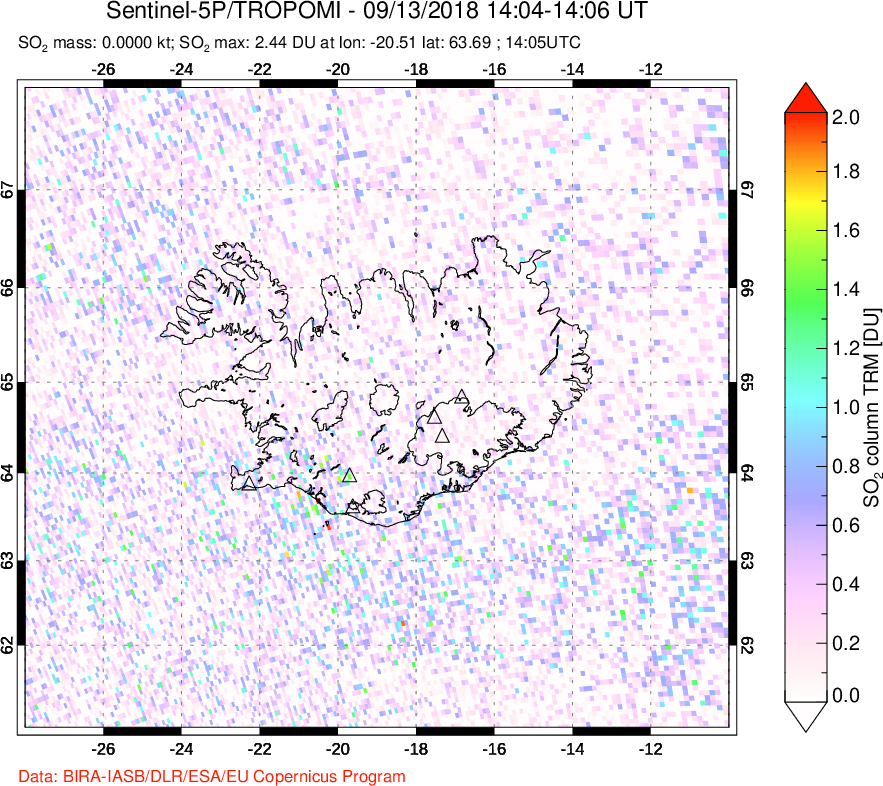 A sulfur dioxide image over Iceland on Sep 13, 2018.