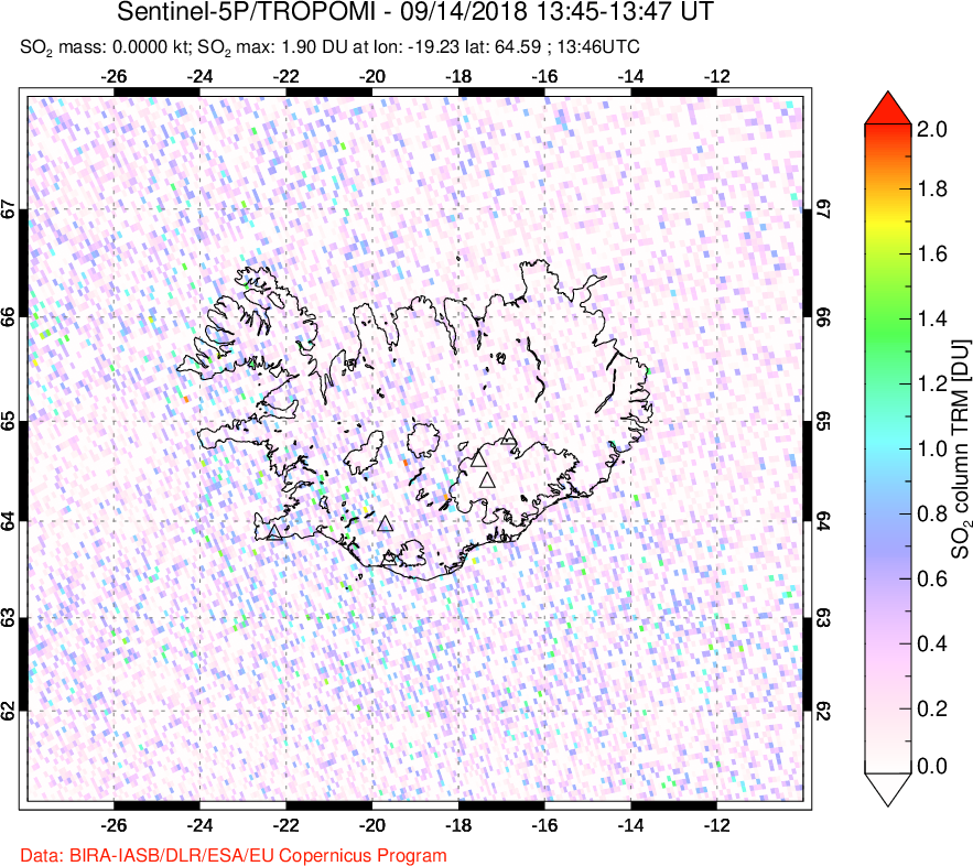 A sulfur dioxide image over Iceland on Sep 14, 2018.