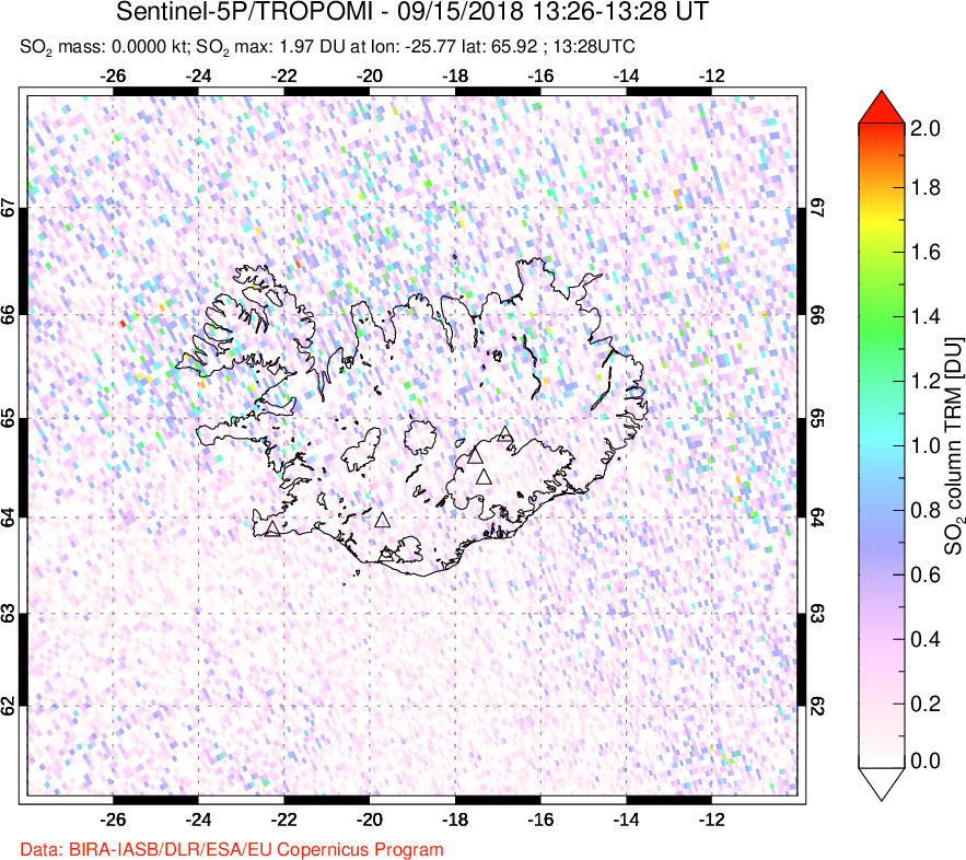 A sulfur dioxide image over Iceland on Sep 15, 2018.