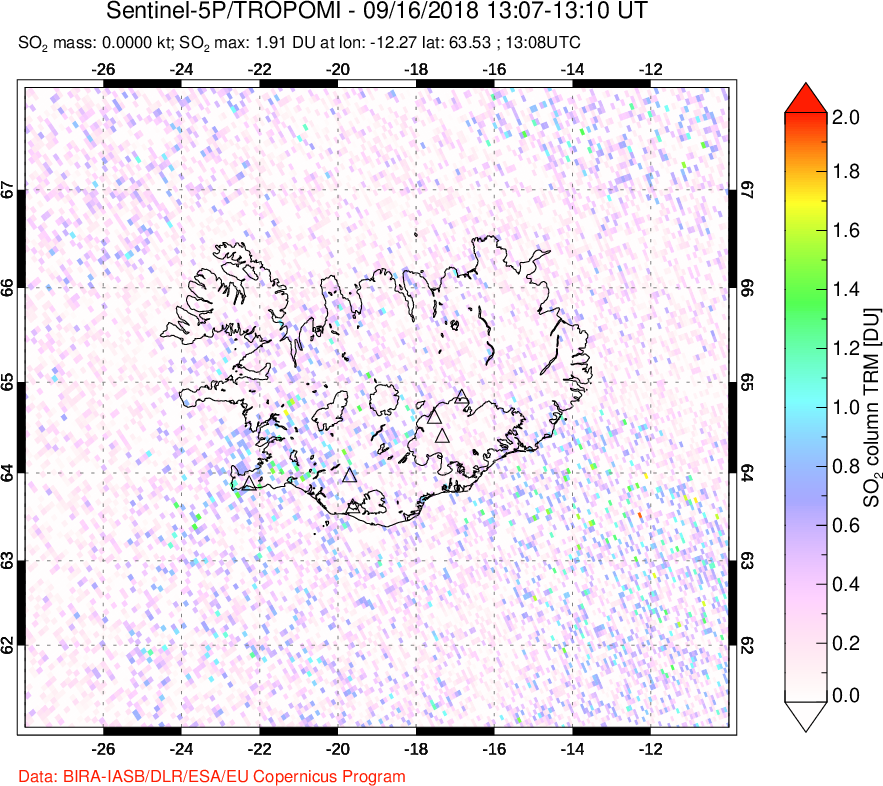 A sulfur dioxide image over Iceland on Sep 16, 2018.