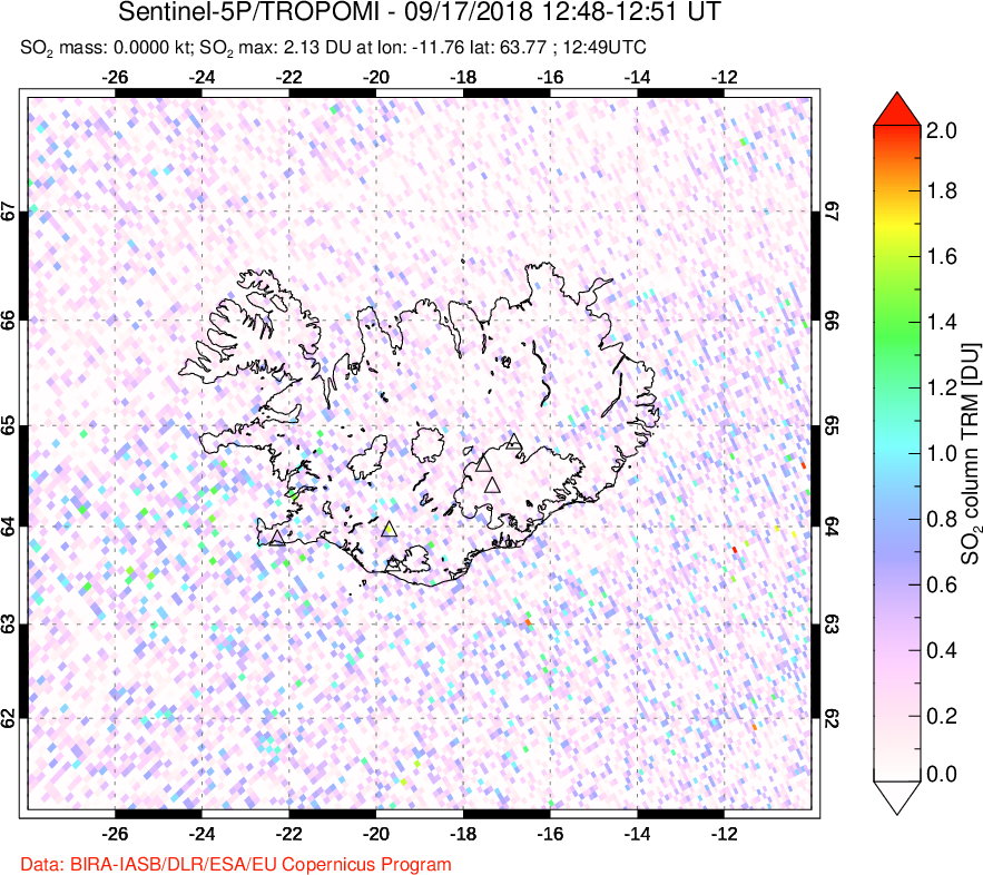 A sulfur dioxide image over Iceland on Sep 17, 2018.