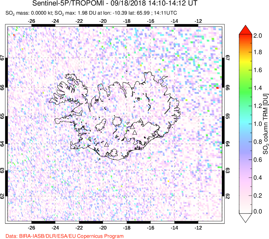 A sulfur dioxide image over Iceland on Sep 18, 2018.