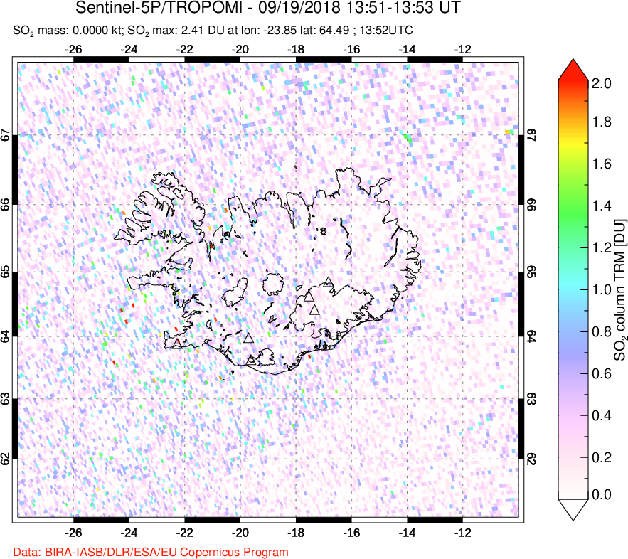 A sulfur dioxide image over Iceland on Sep 19, 2018.