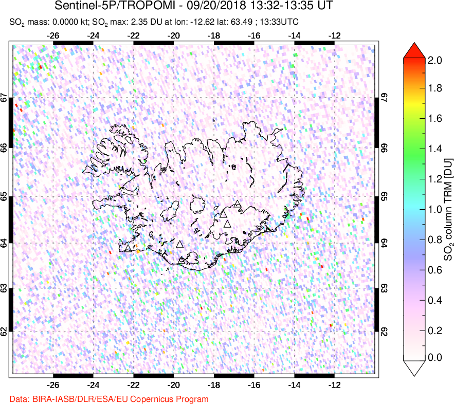 A sulfur dioxide image over Iceland on Sep 20, 2018.