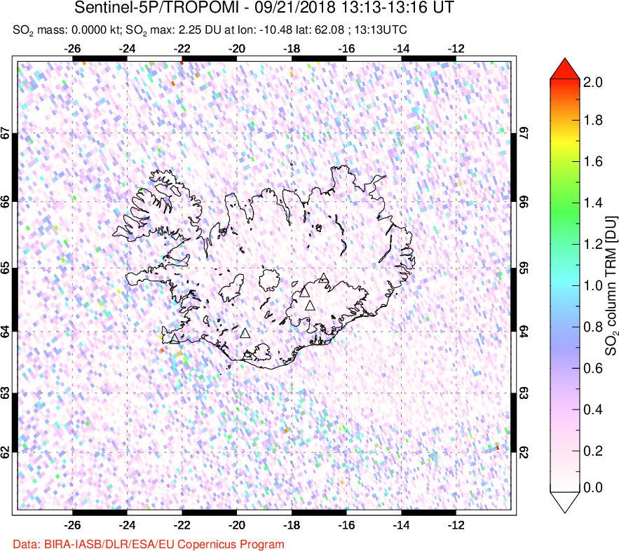 A sulfur dioxide image over Iceland on Sep 21, 2018.