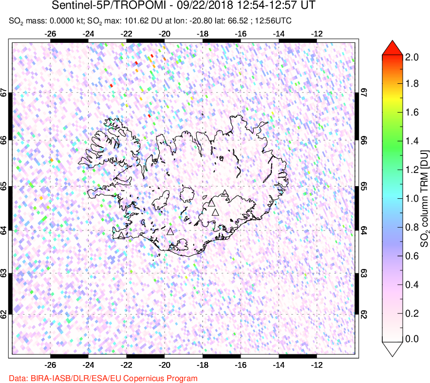 A sulfur dioxide image over Iceland on Sep 22, 2018.