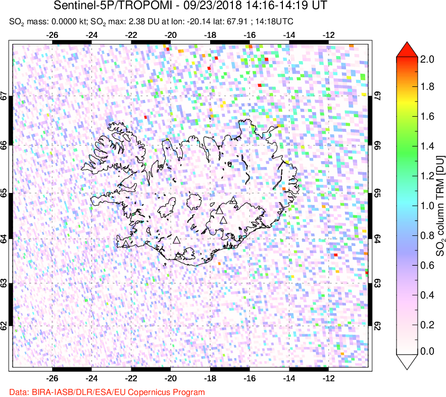 A sulfur dioxide image over Iceland on Sep 23, 2018.