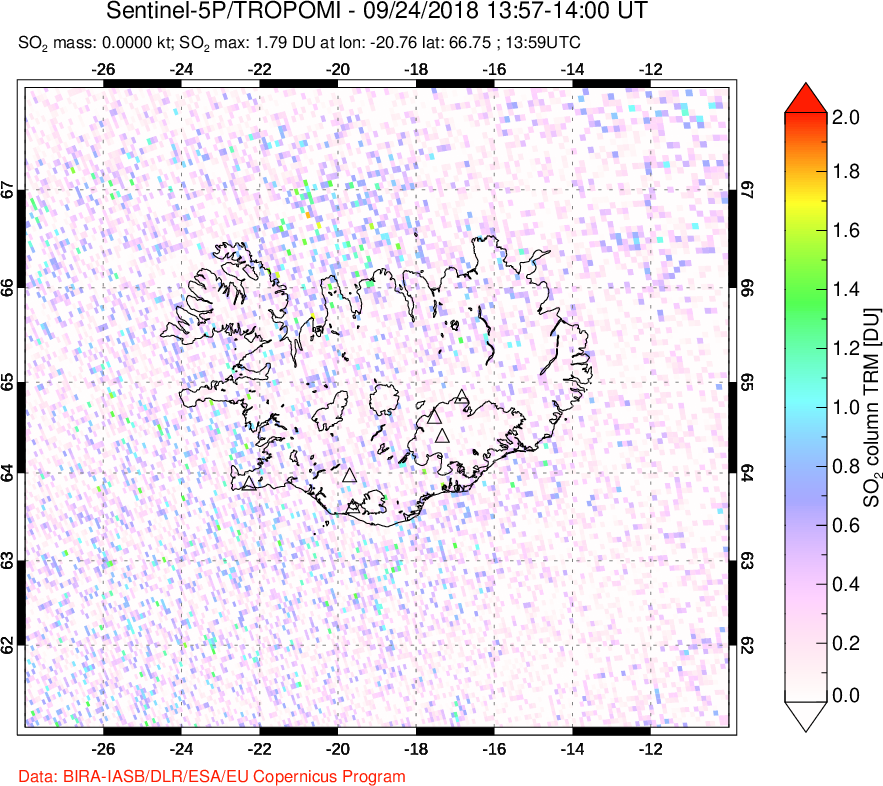 A sulfur dioxide image over Iceland on Sep 24, 2018.