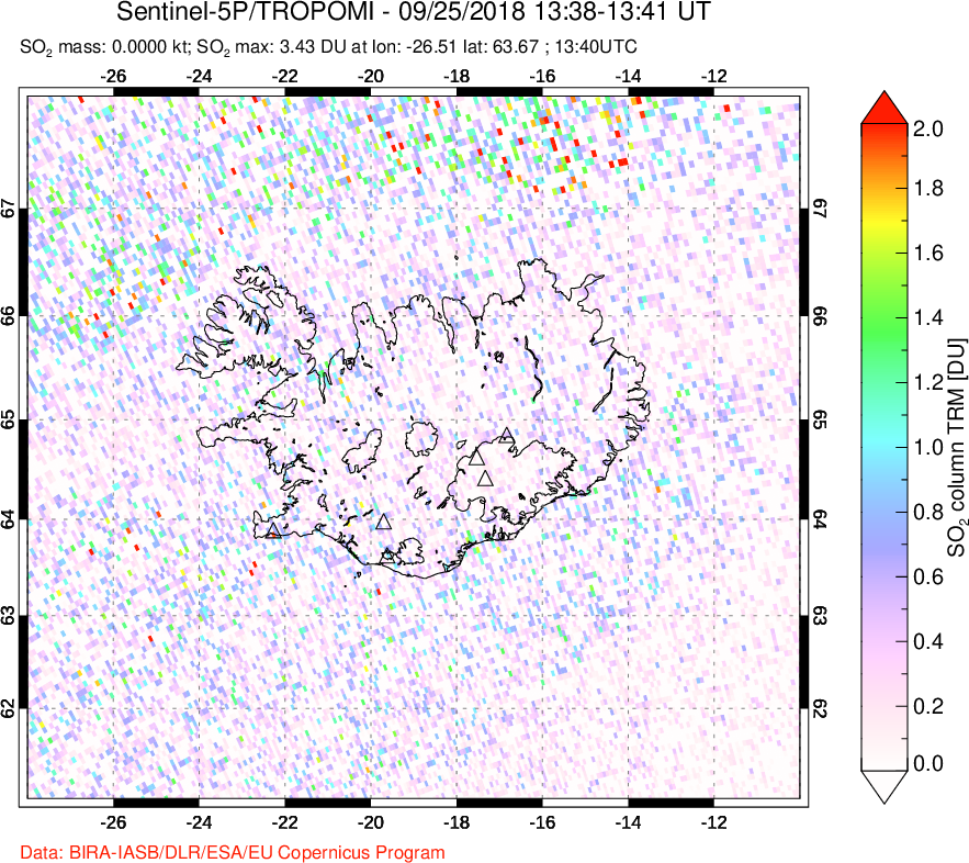 A sulfur dioxide image over Iceland on Sep 25, 2018.