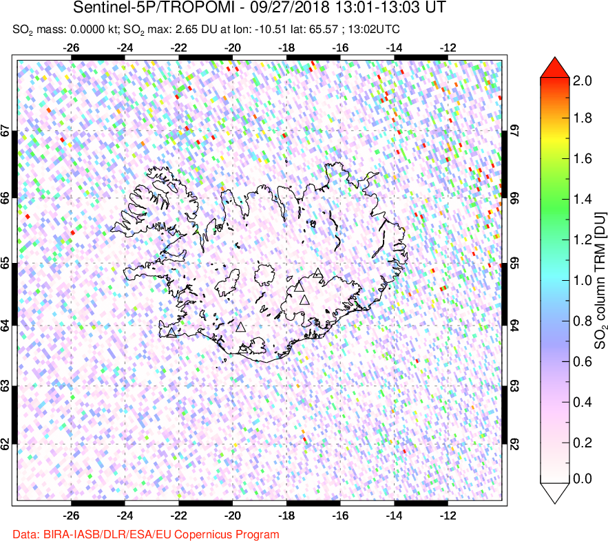 A sulfur dioxide image over Iceland on Sep 27, 2018.