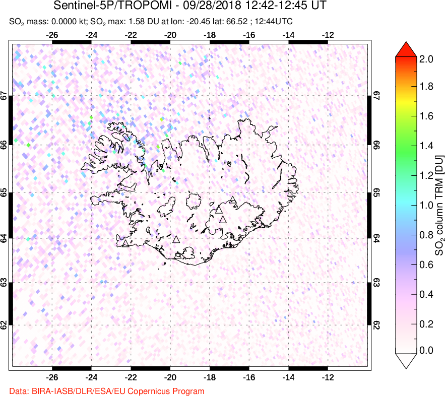 A sulfur dioxide image over Iceland on Sep 28, 2018.
