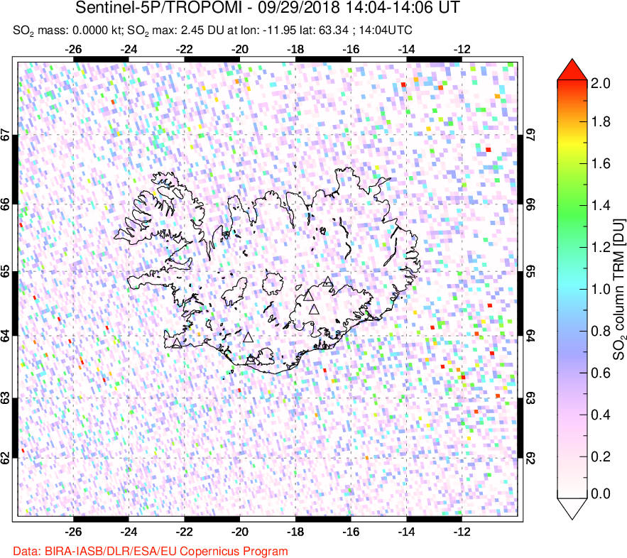 A sulfur dioxide image over Iceland on Sep 29, 2018.