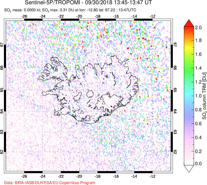 A sulfur dioxide image over Iceland on Sep 30, 2018.
