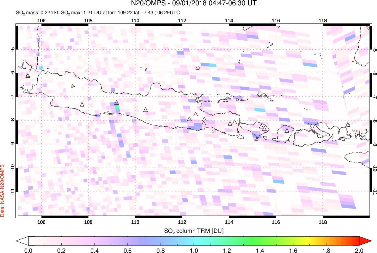 A sulfur dioxide image over Java, Indonesia on Sep 01, 2018.