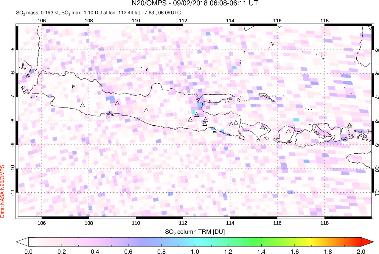 A sulfur dioxide image over Java, Indonesia on Sep 02, 2018.