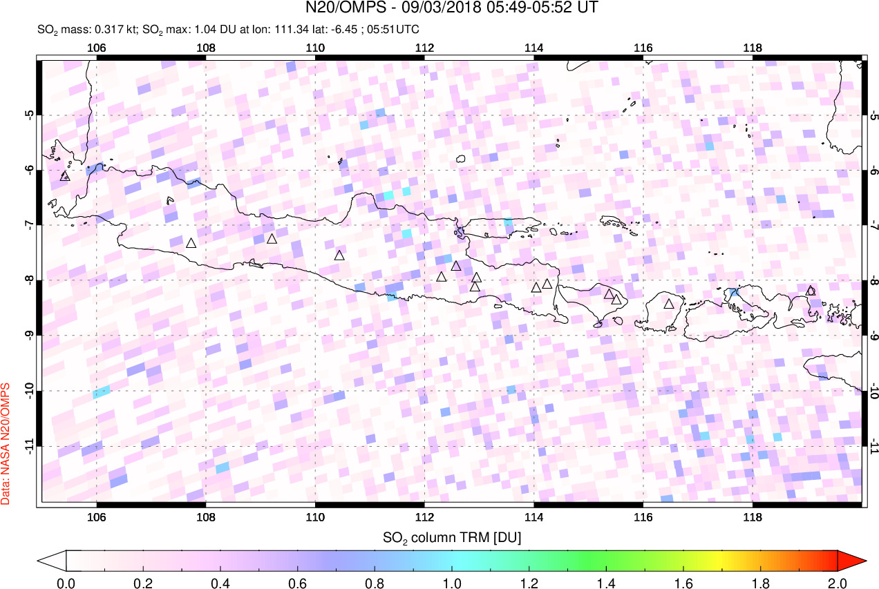 A sulfur dioxide image over Java, Indonesia on Sep 03, 2018.