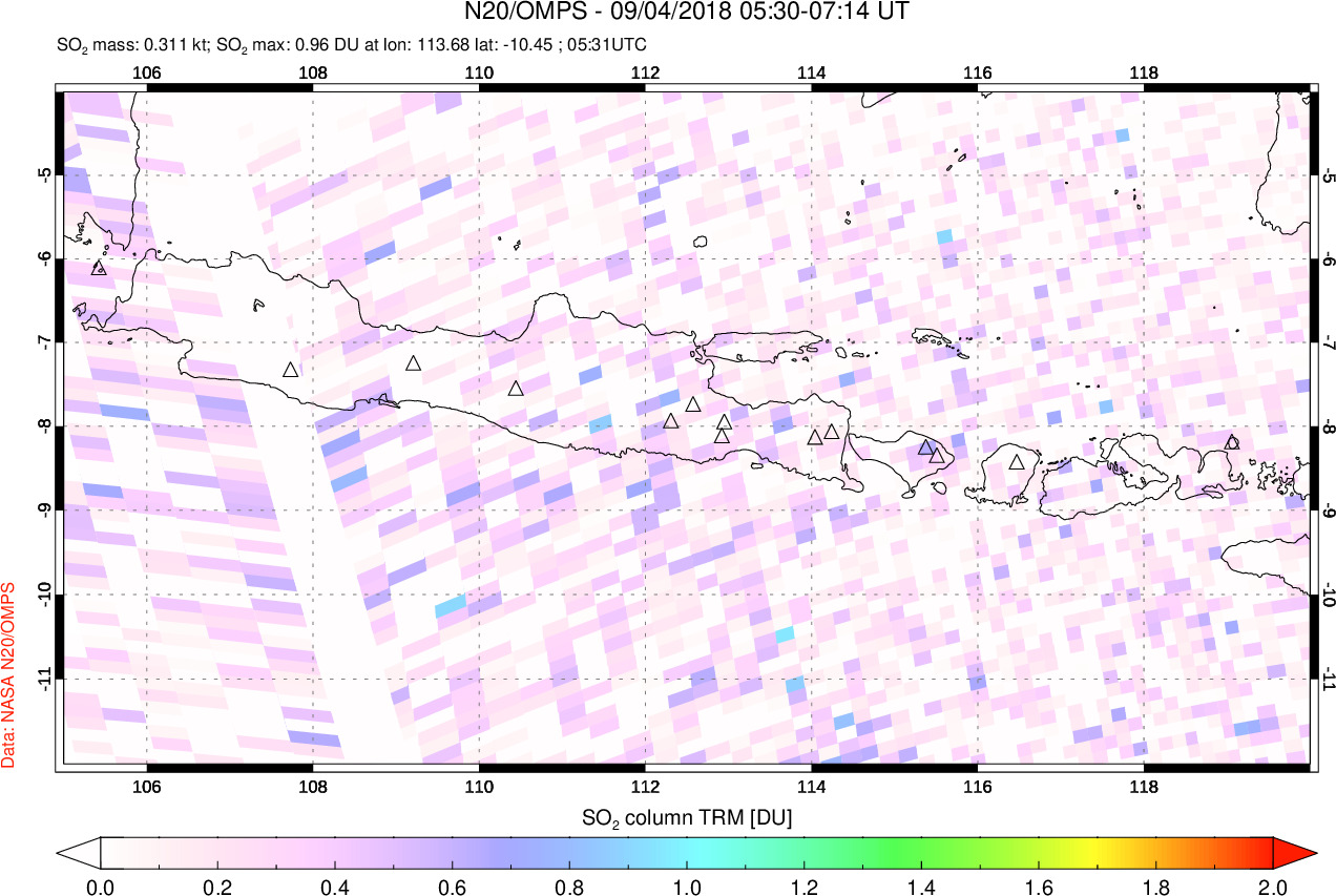 A sulfur dioxide image over Java, Indonesia on Sep 04, 2018.