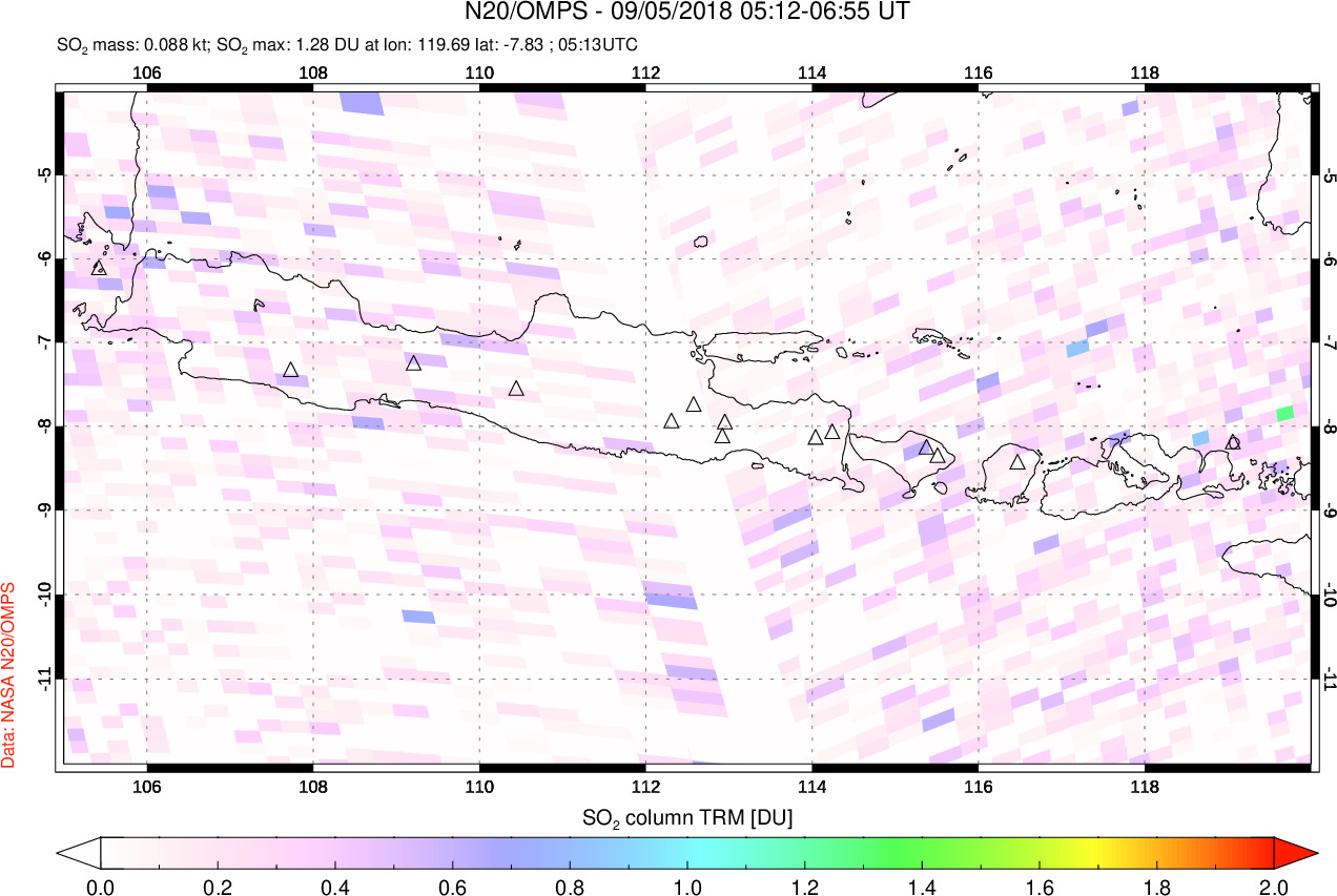 A sulfur dioxide image over Java, Indonesia on Sep 05, 2018.