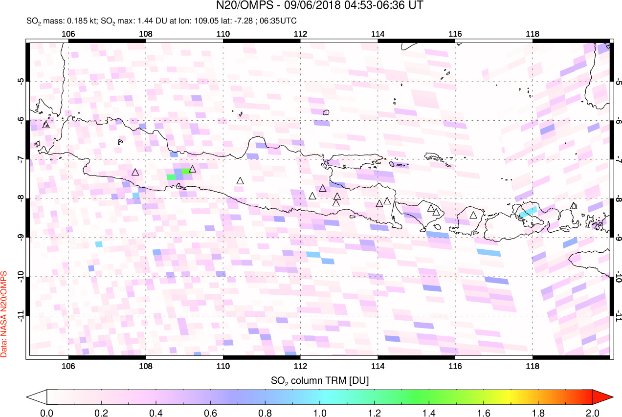 A sulfur dioxide image over Java, Indonesia on Sep 06, 2018.