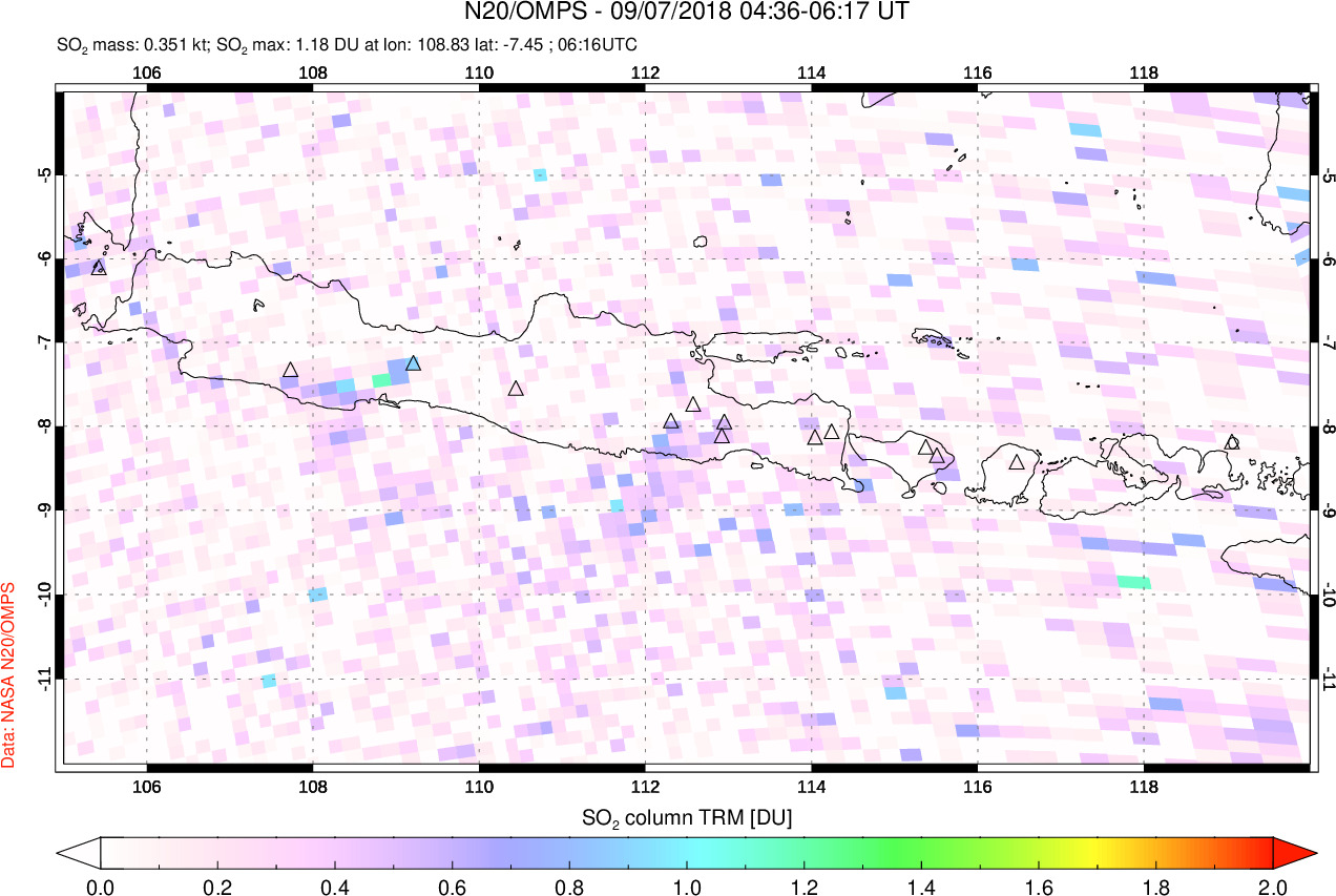 A sulfur dioxide image over Java, Indonesia on Sep 07, 2018.
