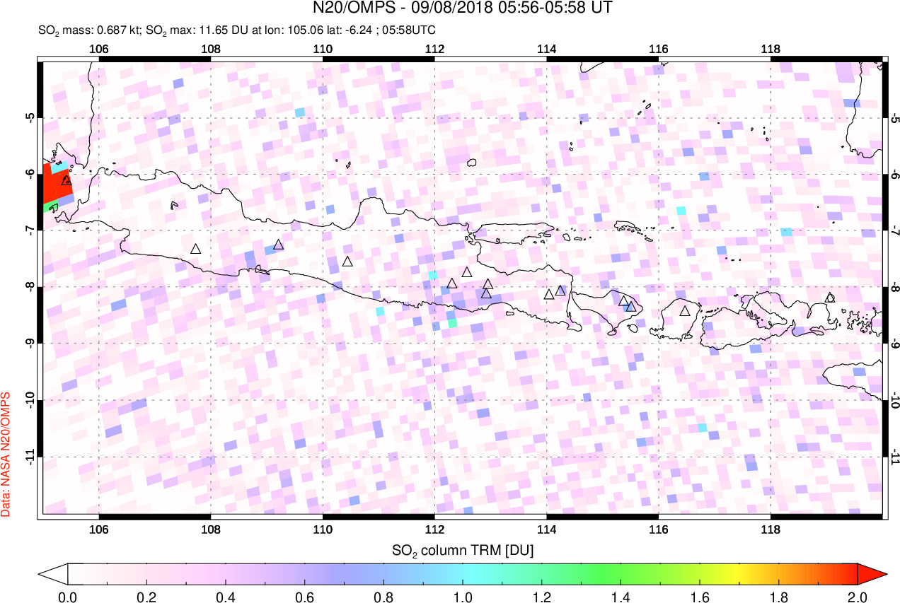 A sulfur dioxide image over Java, Indonesia on Sep 08, 2018.
