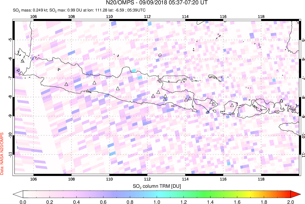 A sulfur dioxide image over Java, Indonesia on Sep 09, 2018.